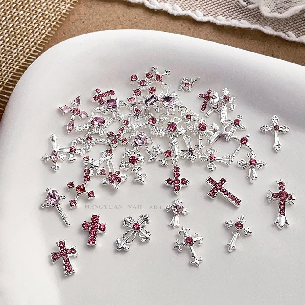 Pink Rhinestone Cross Nail Art Decorations: Multiple Styles of Wearable Metal Nail Accessories