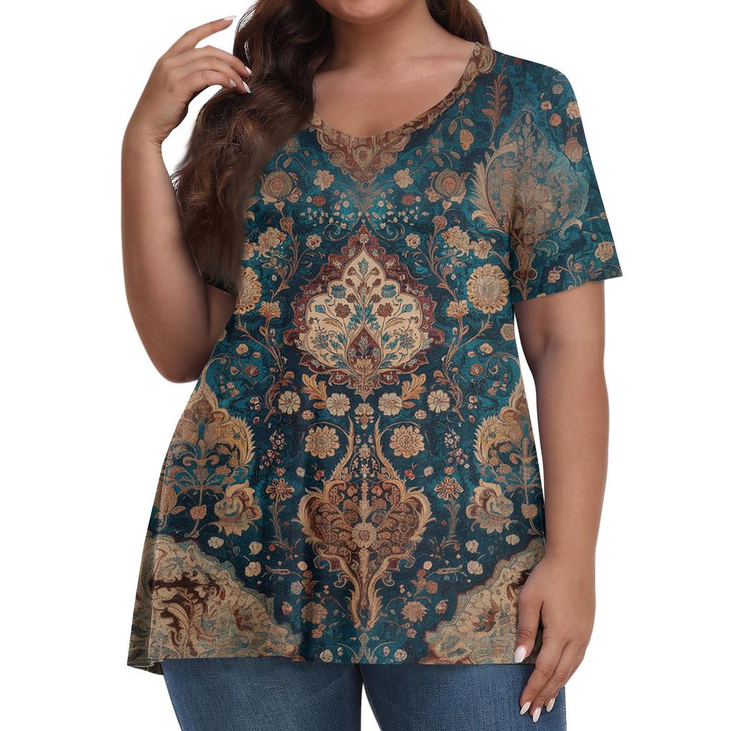 Women's Fashion Casual V-Neck Pullover Short Sleeve Large Size Vintage Printed Top