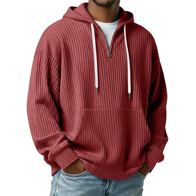 Men's Ribbed Knit Half-Zip Hoodie Casual Oversized Pullover Sweatshirt with Kangaroo Pocket
