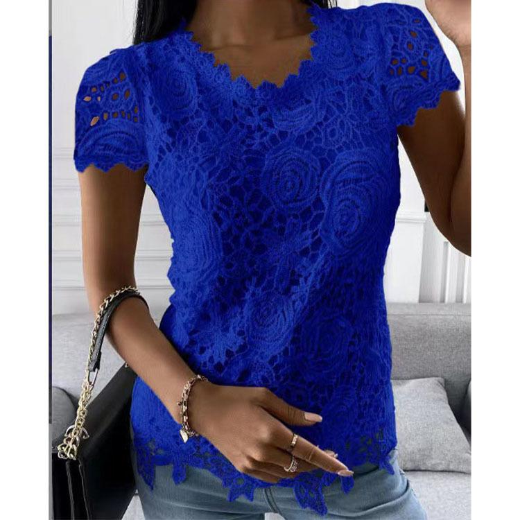Sommer Damen T-Shirt Kurzarm Spitzenshirt Temperament Elegant Kurzarm Tops