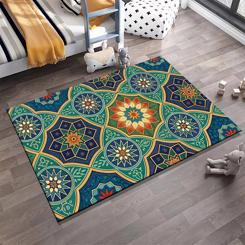 "Multicolor Geometric Print Carpet with Floral and Star Patterns" Suitable for Use As an Anti-slip for Living Room Bedroom Sofas