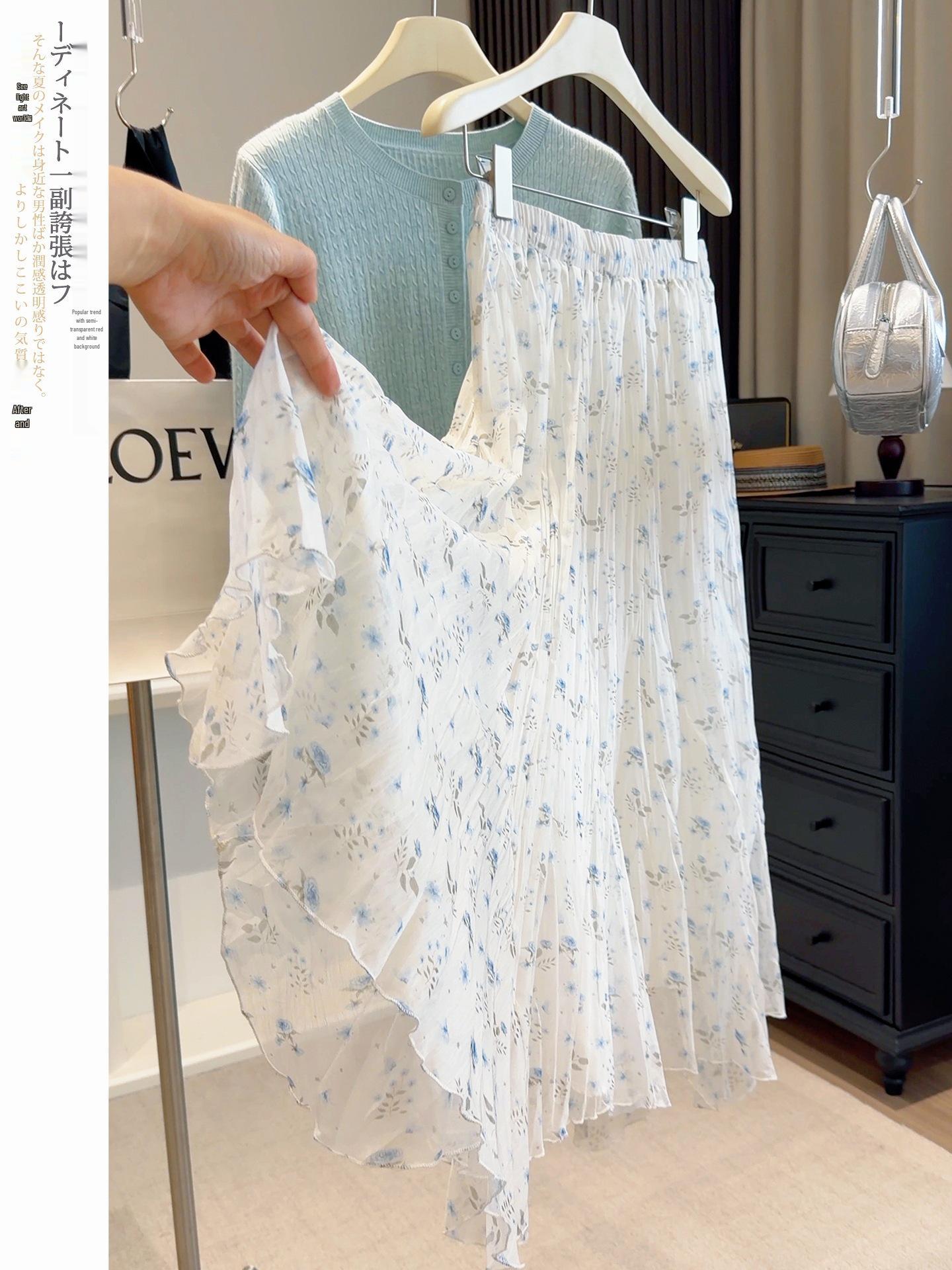 

2026 Spring/Summer Floral Print Irregular Hem Midi Skirt with Elastic Waist and Large Flare One Size