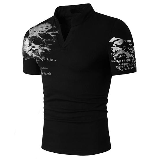 Pánské letní tričko s potiskem písmen, stojáčkem, výstřihem do V, krátkým rukávem, slim fit top