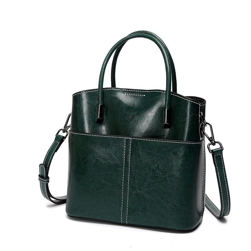 Bolsa Balde de Couro Genuíno Casual Simples Bolsa de Mão Feminina de Ombro Transversal