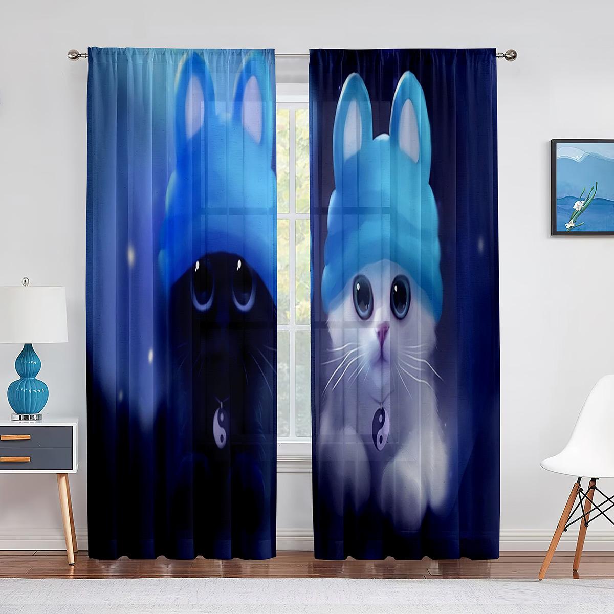 Прозрачные шторы с милым котом в стиле фэнтези для гостиной — фото 3