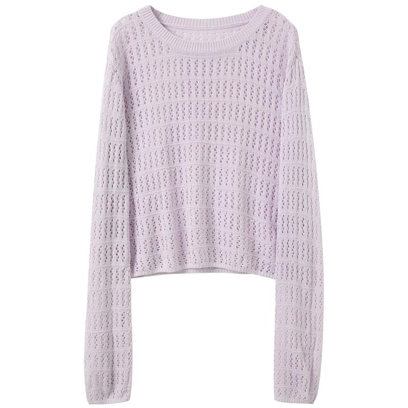 Openwork Knit Round Neck Long Sleeve Loose Short Blouse