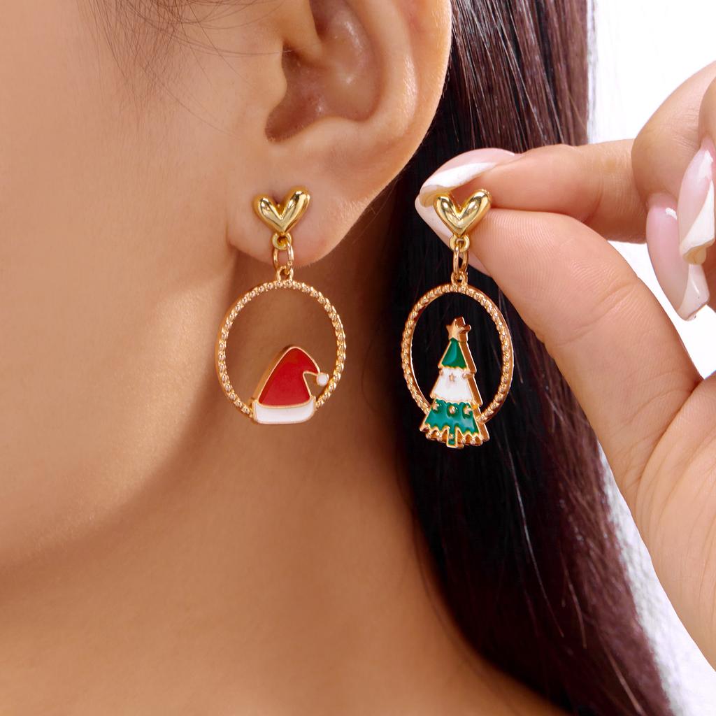 Delicate Pink Drop Oil Christmas Tree Drop Earrings for Women Sweet Colorful Wreath Bulb Earrings New Year Party Jewelry Gifts