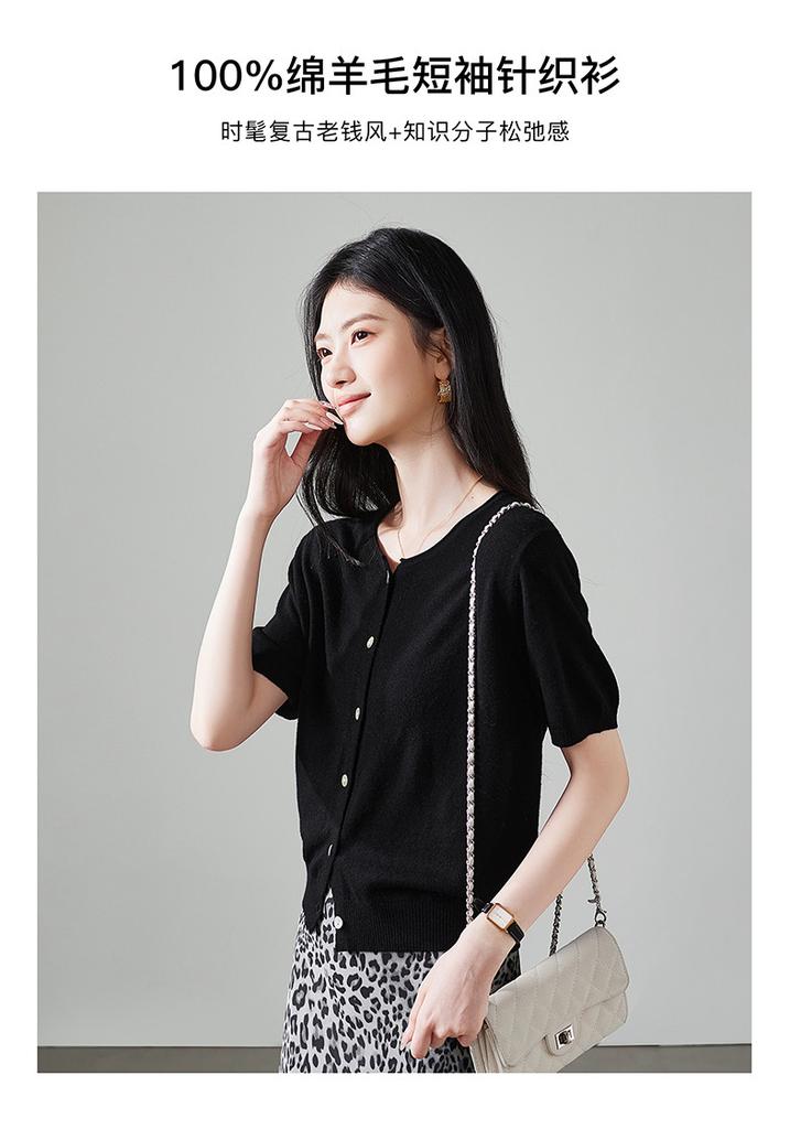 100% Sheep Wool Round Neck Short Sleeved Wool Sweater for Women 2026 Spring and Autumn Casual Versatile Short Knitted Top