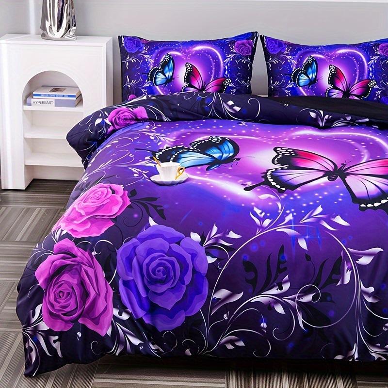 Bettbezug Lila Traum Schmetterling Rose Bettwäsche Digitaldruck Dreiteiliges Set Für Schlafzimmer