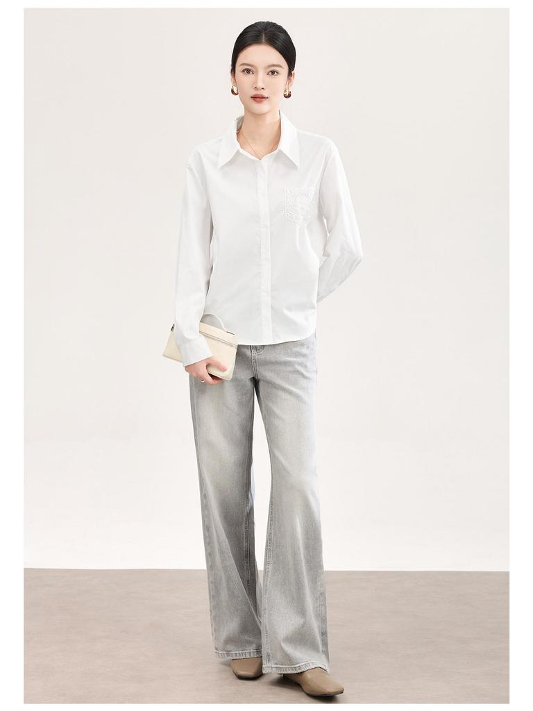 Women's Early Spring Loose Casual Lace Cotton Shirt with Bamboo Joint Design