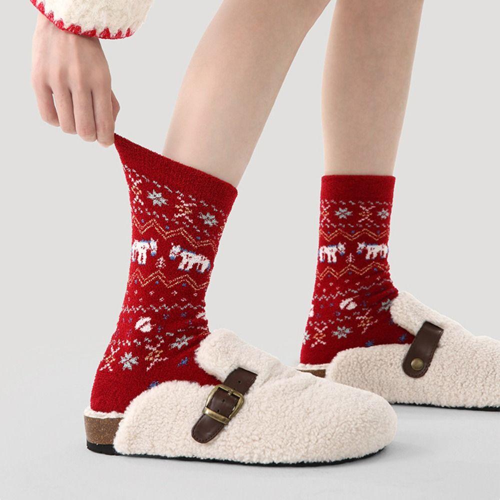 3 Pair Cotton Snow Boot Socks Knitted Middle Tube Socks Female Elastic Striped Socks New Year Gift