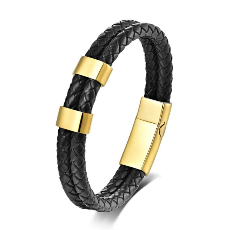 Stainless Steel Engraved Name Bracelet Men Minimalist Double Layer Leather Woven Black Adjustable