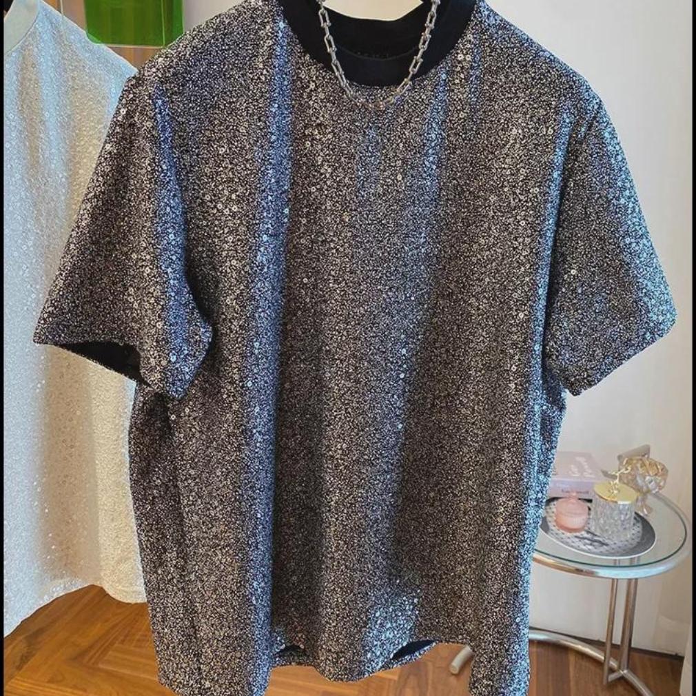 T-shirt da Uomo Chic in Seta con Paillettes - Design Europeo a Manica Corta Loose-Fit