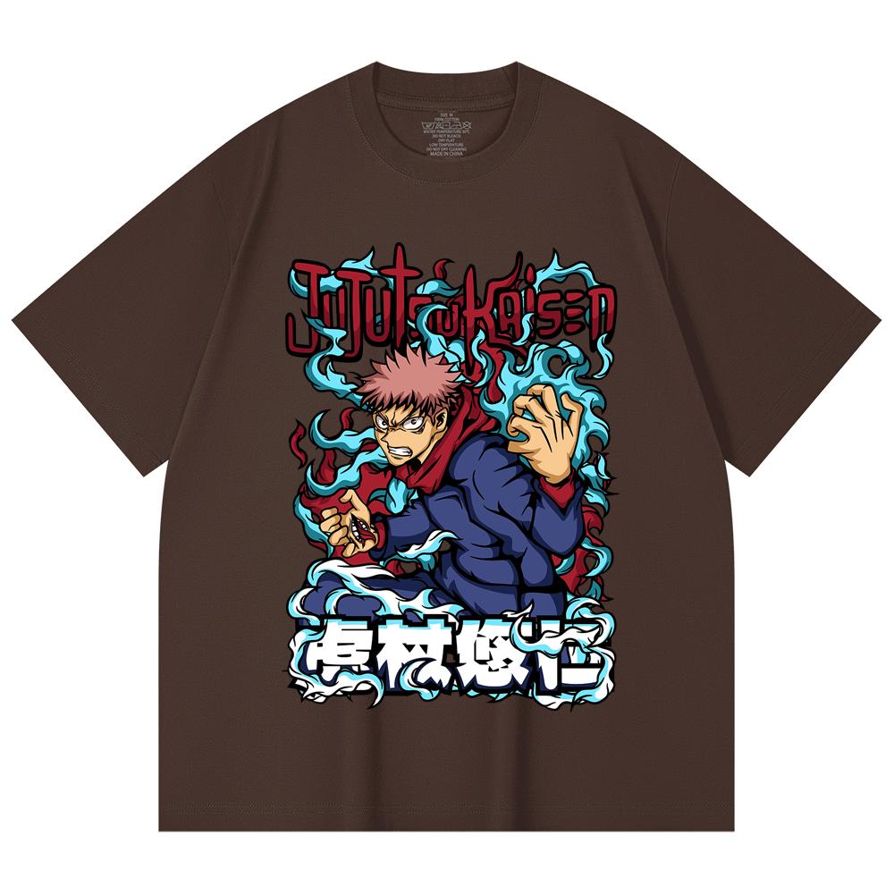 230 Gsm 100% Cotton Jujutsu Kaisen V50 Yuji Print Unisex Heavy Cotton T Shirt