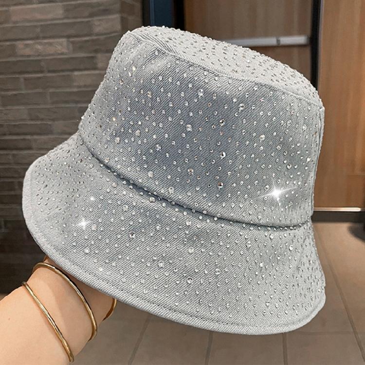 Summer Sun Hat Foldable Outdoor Hat With Rhinestones Decors Sun Protections Fisherman Hat For Women Travel Vacation Wear