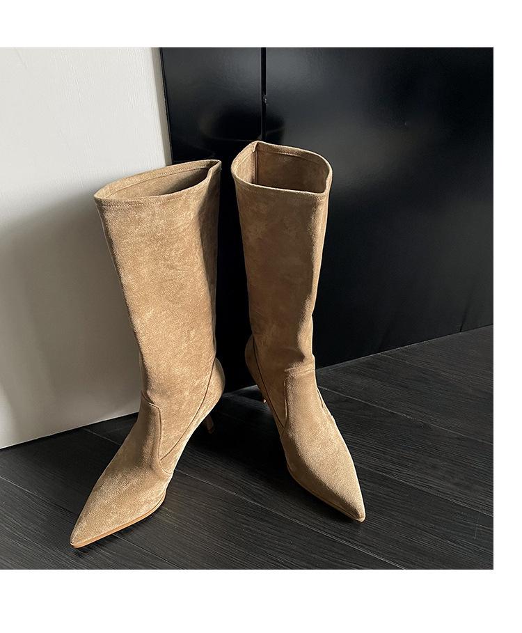Song Xixi Apricot High Heel Slouch Cowboy Ankle Boots - Versatile Mid-Calf Stiletto for Women