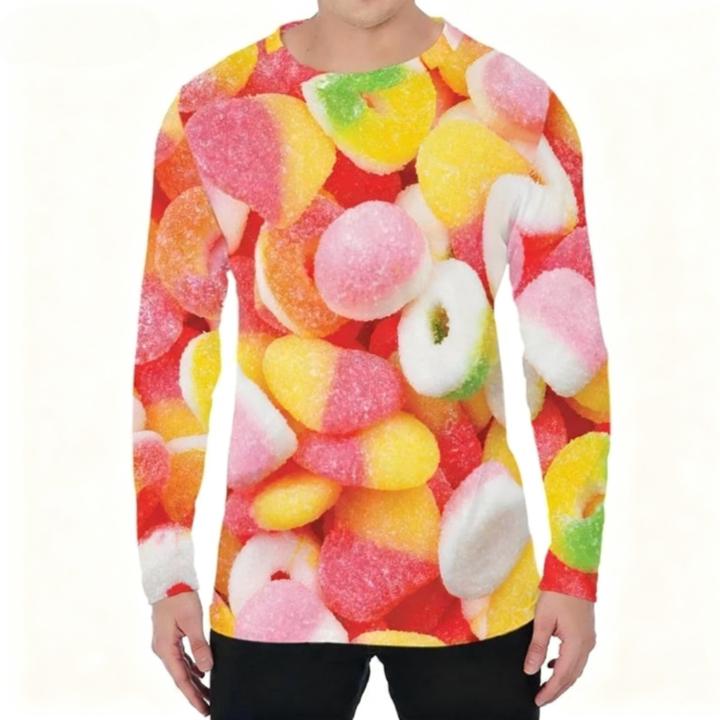 Spring and Autumn Round Neck Candy Pattern 3D Printed Top Fashionable Casual Long Sleeved Men's T-shirts