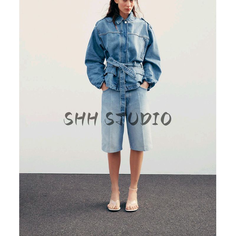 Spring New Women clothes French style Strap Decoration Long sleeve With Belt Lapel Denim Jacket 8197072