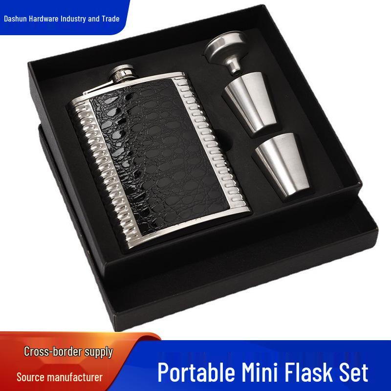 

8 oz Stainless Steel Dual-Cylinder Hip Flask Set with Wine Glasses & Funnel Black Leather