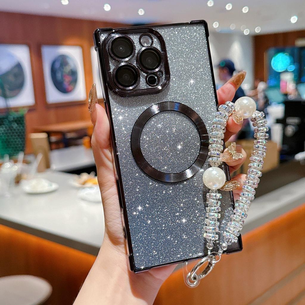 Electroplated magnetic glitter mobile phone case is suitable for Apple 16PRO pearl bracelet 14/13 right angle anti-drop protective cover