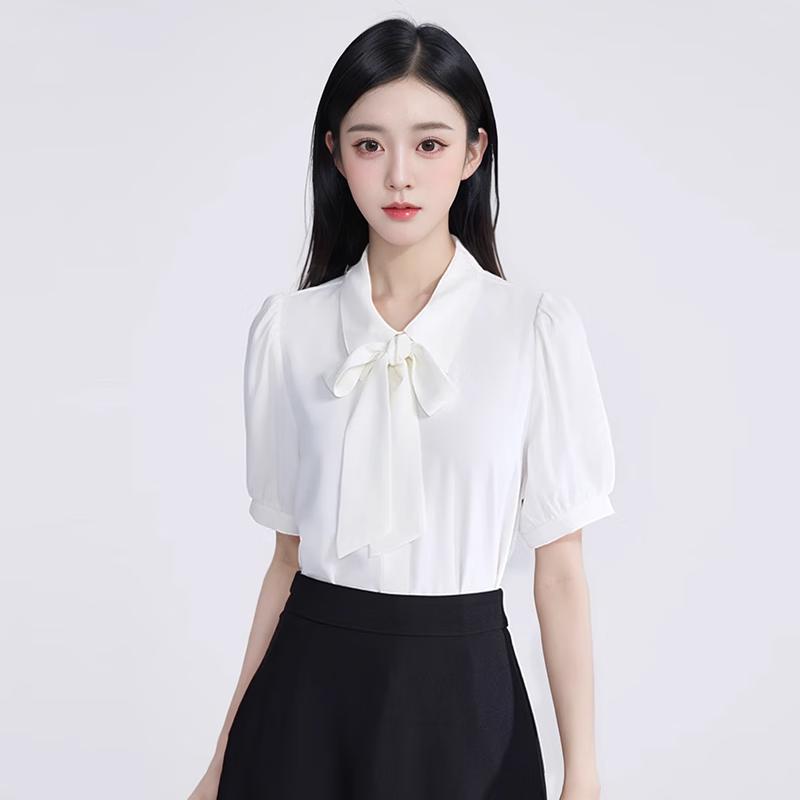 Women's Detachable Bow Short Sleeve Chiffon Blouse