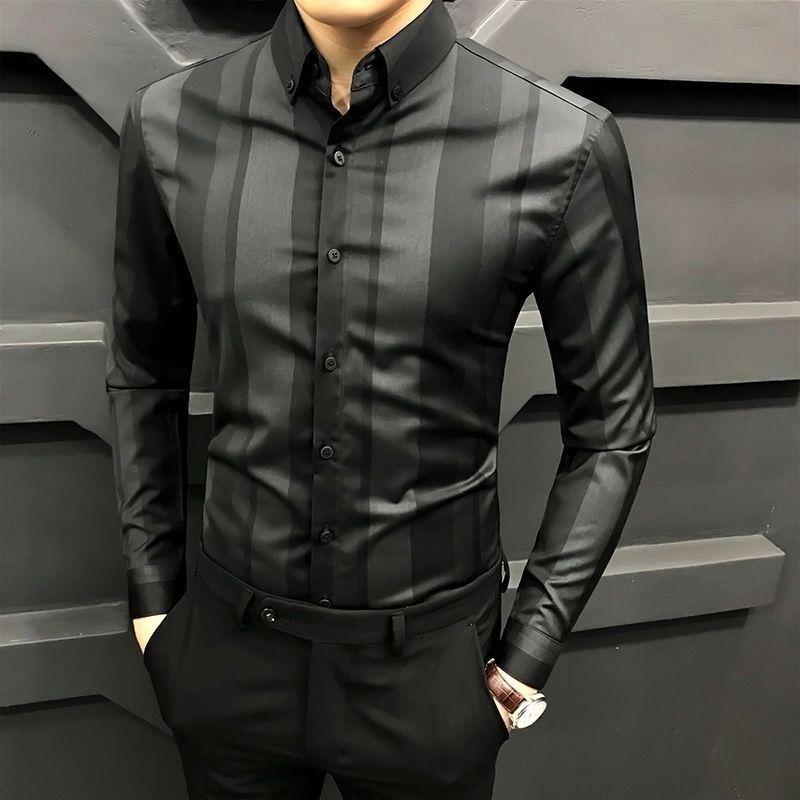 Business Casual Herrenhemden Herbst Revers Gestreift Kontrastfarbe Knopf Koreanischer Trend Mode Büro Soziales Langarm Slim Tops