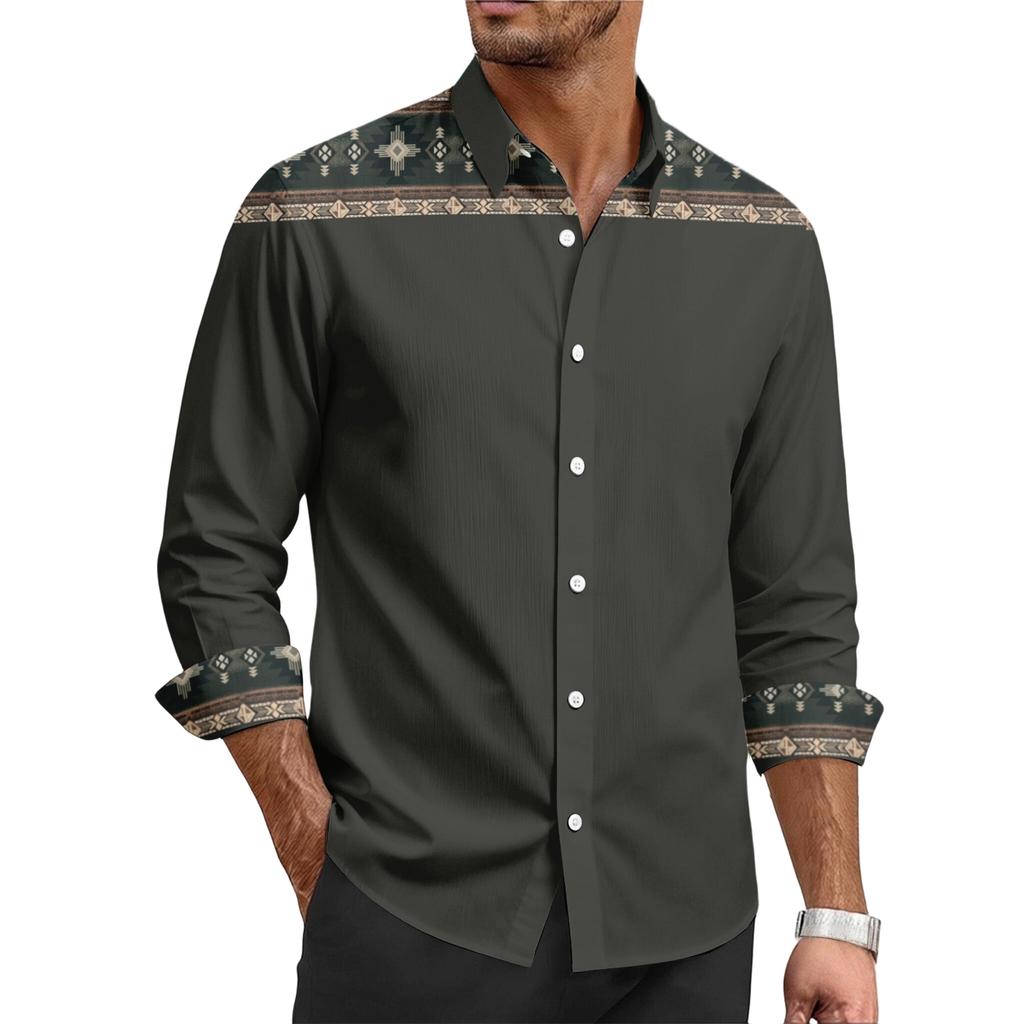 Herren Freizeit Hemd mit stilvollem Retro-Textur-Druck - Herren Langarm Oberteil mit Kragen und Knöpfen