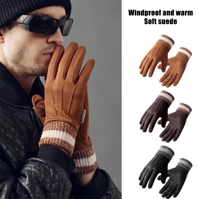 Winter Suede Gloves Outdoor Cycling Windproof Flip-Finger Touch Screen Gloves Men Winter Thickened Driving Gloves For Men Gifts