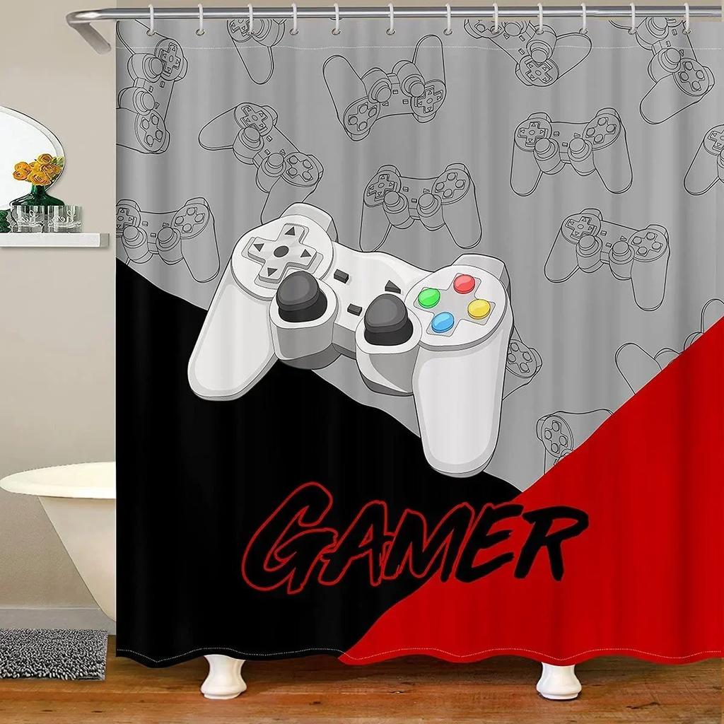 Modern Gamer Shower Curtain Video Game Controller Bath Curtain Room Decor Bright Colorful Geometry Waterproof Bathroom Curtains