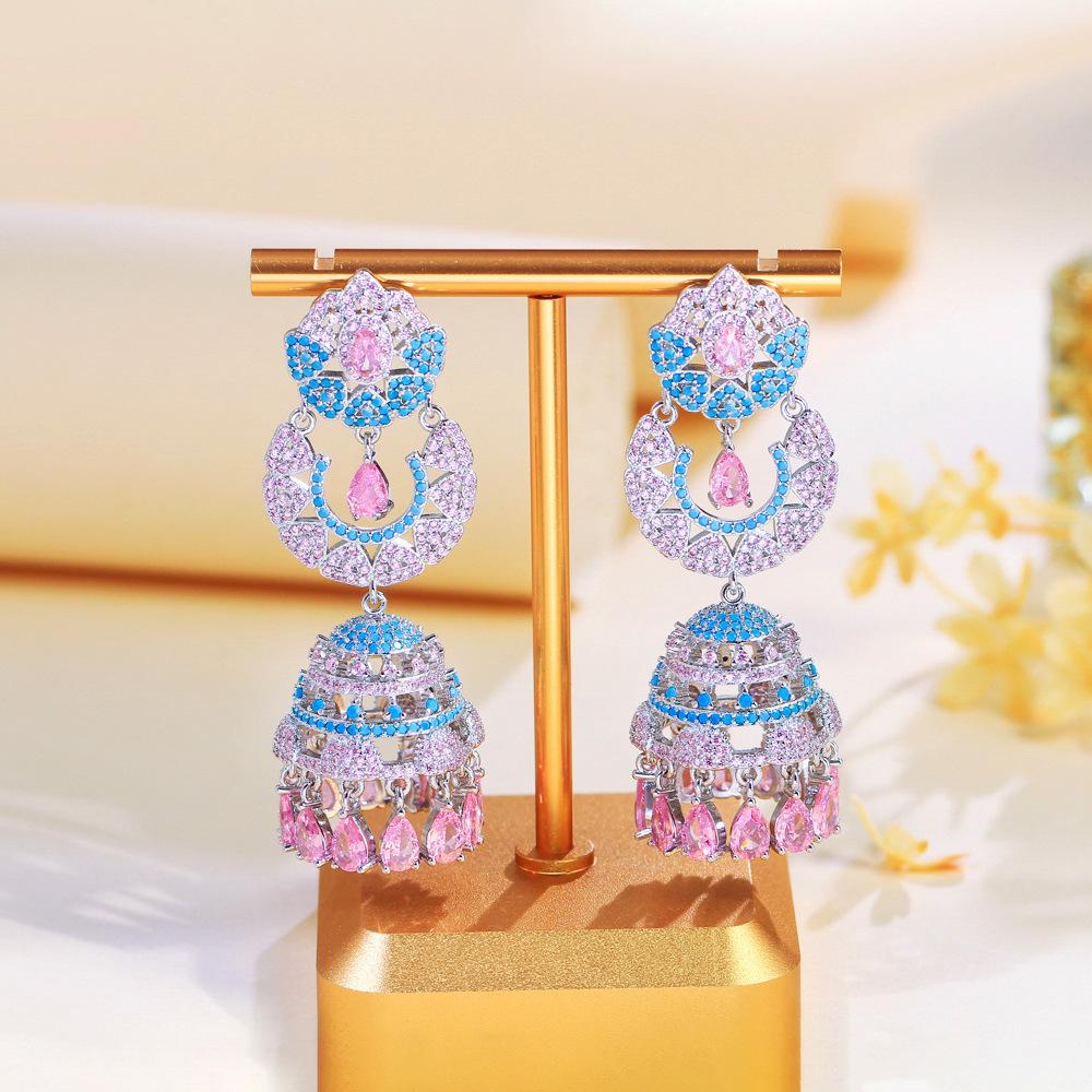 Needle Light Luxury Shining Full Diamond Heavy Industry Three-Dimensional Wind Chime Long Earrings Micro-Inlaid Colored Zirconium Bell Earrings
