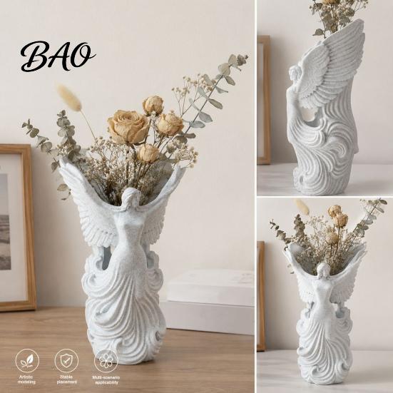 Office Supplies Storage Organizer 3D Printed Angel Wings Vase & Pen Holder, Sculpture Winged Holder Desktop Decor, Multi?Functional Dry Flower Vase,