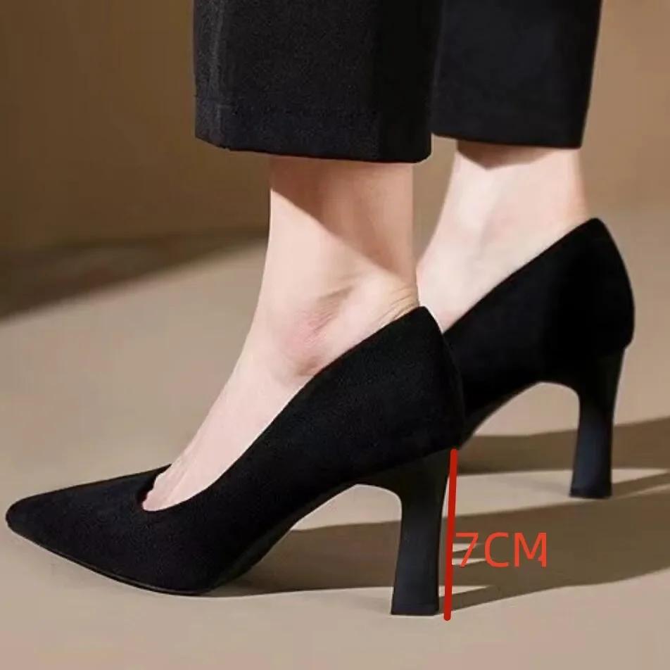 2025Elegant High  Classic Black Pumps Summer Pointed Toe Party Wedding Shoes Woman Square Heel Office