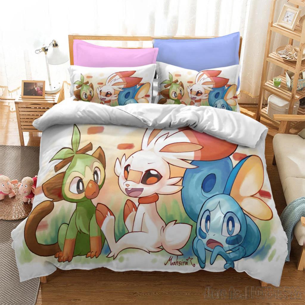 

Постельное белье Pokemon Мультяшное Аниме Детская Спальня Одеяло Мальчик Девочка Постельные принадлежности Односпальное Двуспальное King Наволочка Пикачу Подарок EU Single(135*200cm)3pcs
