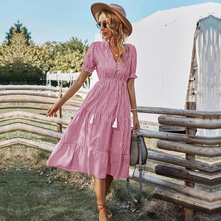 Women Summer Casual V Neck Striped Short Sleeve Button Dress Medium Long With Tassel