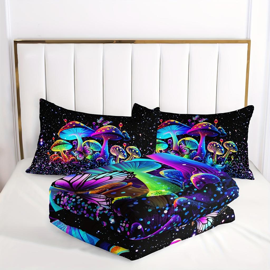 Mushroom Comforter Set Colorful Sparkle Natural Wild Fungus Bedding Set Botanical Plants Duvet Set Butterfly Comforter