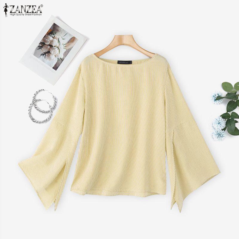 ZANZEA Women Stripe Print Casual Round Neck Long Sleeve Blouse
