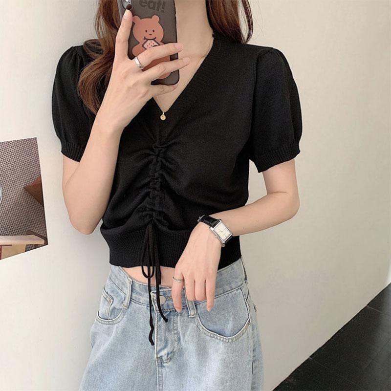 Solid Color Design Sense Niche Short Knitted V Neck T-shirt Korean Style Chic Top Summer Style Bottoming Shirt Women