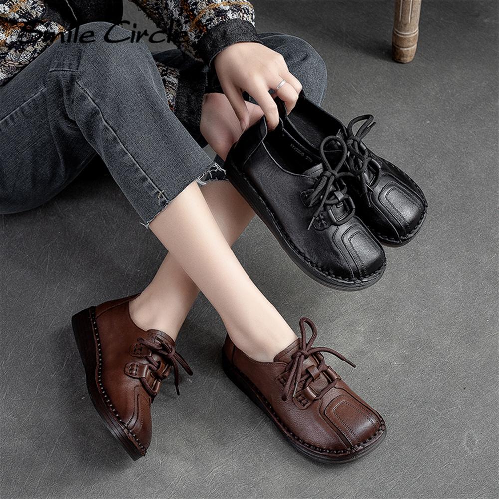 Natural Leather Women's Flat Shoes Lace-up Round Toe Casual Shoes Fashion Retro Work Shoes