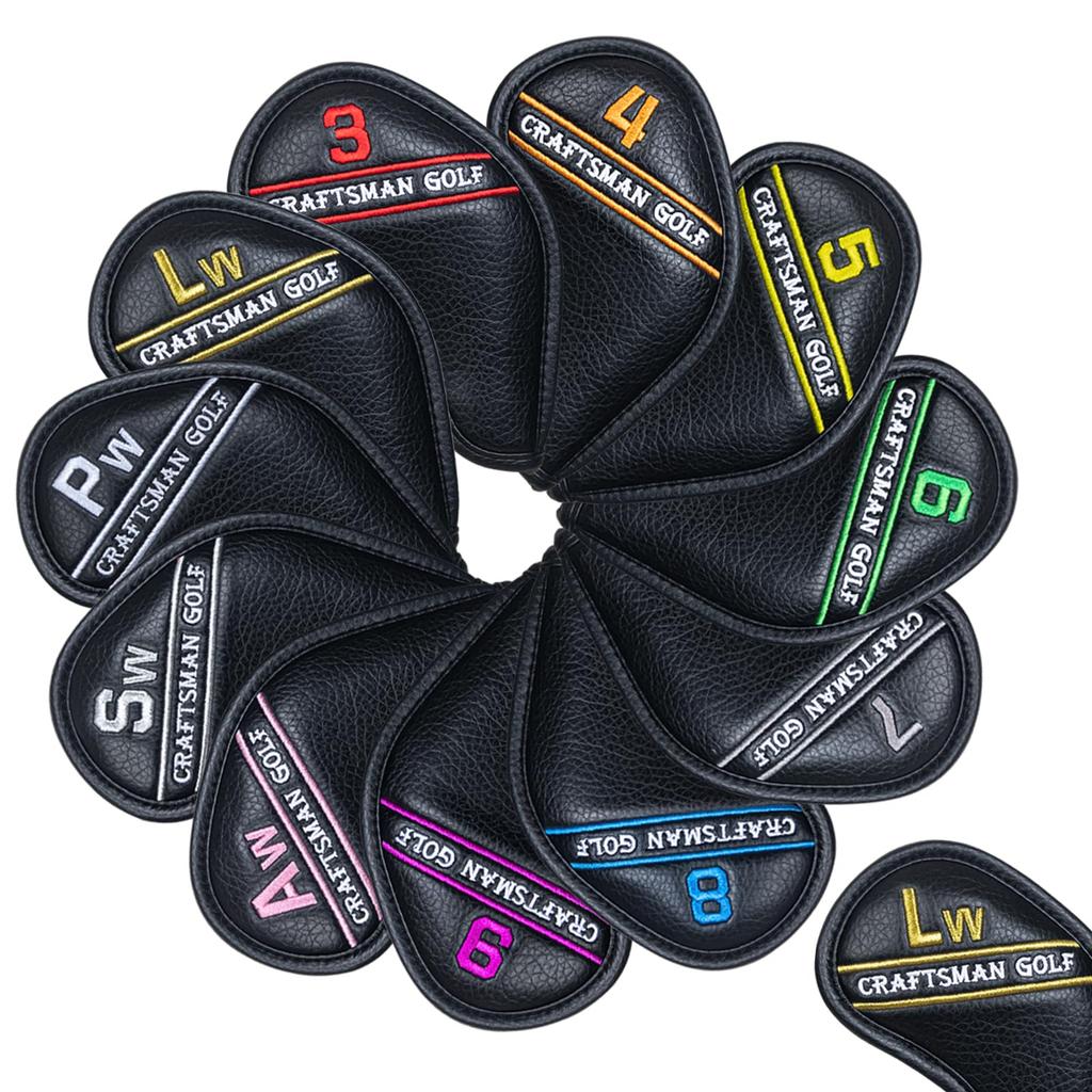 Golf Iron Covers Magnet Wedge Covers Club Head Covers Set Colorful Numbers 12pcs Black Synthetic Leather (3-9, Pw, Aw, Sw, Lw2)