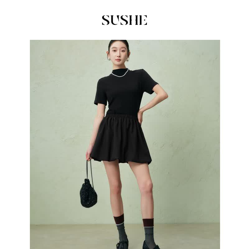 Women s Simple Half-High Neck Short Sleeve Top L