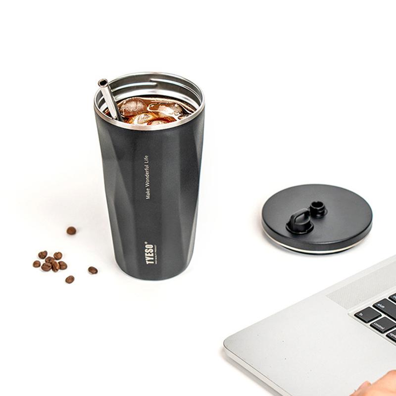 Stainless Steel Coffee Cups Vacuum Insulated Mugs Portable Large Capacity Ice Bar Thermal Cup with Silicone Rope Straw Water Cup
