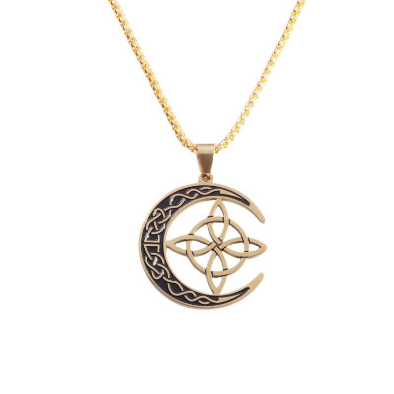 Vintage Viking Celtic Hollow Geometric Moon Pendant Necklace Unique Personalized Fashion Jewelry For Women Men Gift