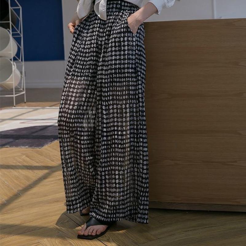 Polka Dot Wide Leg Pants Women's Summer Thin Lazy Ice Silk Casual Cool Sun Protection Beach Floral Chiffon Strolling Pants