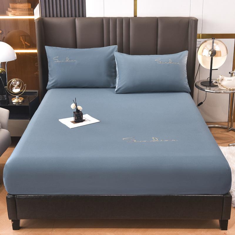 New Light Luxury Embroidered Single Fitted Sheet Solid Color Fitted Sheet Non-slip Washed Cotton Bed Cover Seat