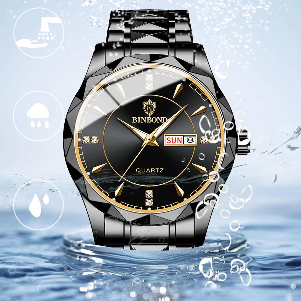 Watch with 3ATM Water Luminous Analog Stainless Stylish Quartz Fashion Accessory Perfect Gift for or Lover Men's Calendar, Resistance, Black Display,