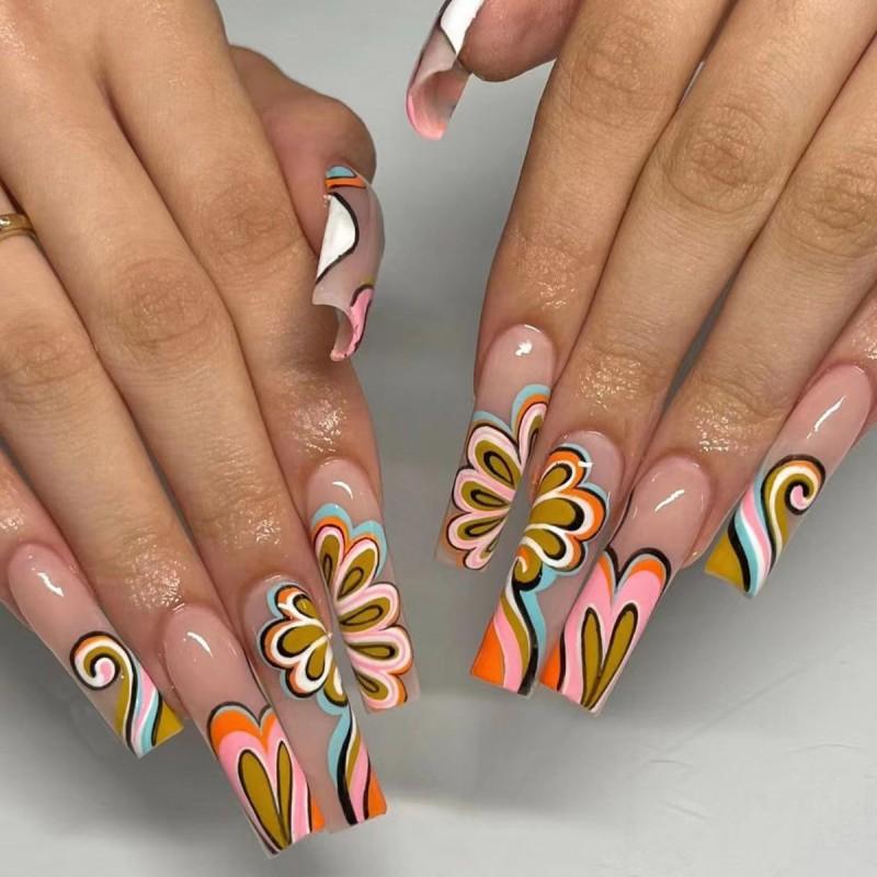 24pcs Press-On Nails With Hand-Painted Floral Design Long Coffin Shape Reusable Nail Tips Women Jelly Nail