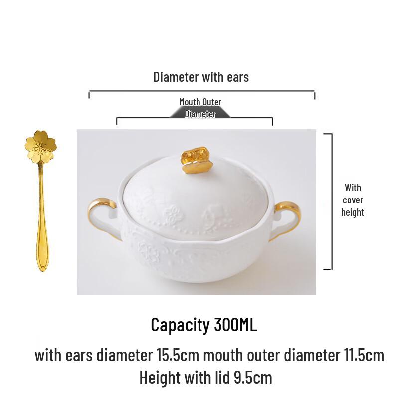 Zhaoran Gold-Trimmed Ceramic Double-Handle Stew Bowl