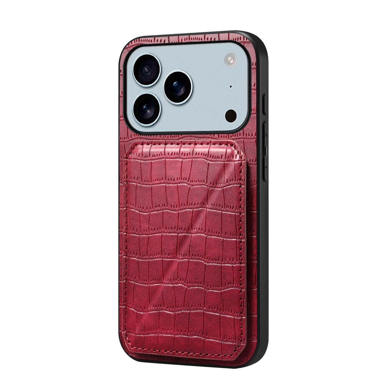

For iPhone 17 Pro Max Case with Card Holder Leather+PC+TPU Crocodile Textured Back Cover Rose