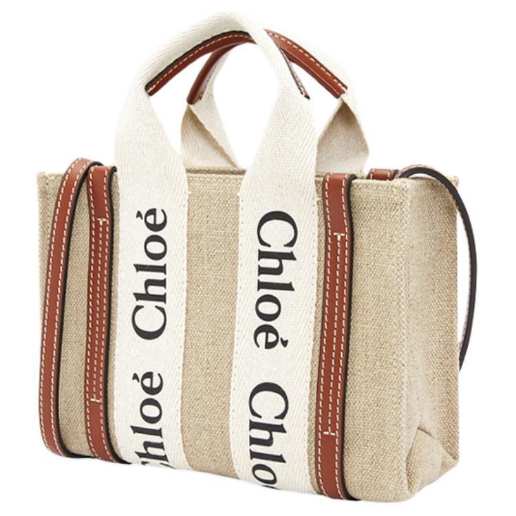 Chloe Woody Logo Print Canvas und Leder Tote Bag Damen Tote Bags Off-White CHC22-AS397I26-90U