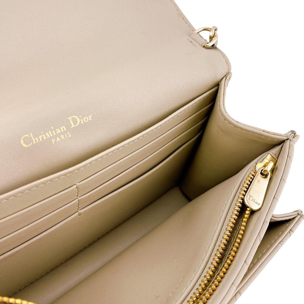 Christian Dior Logo Leather Lady Dior Wallet Chain Beige Leather Used